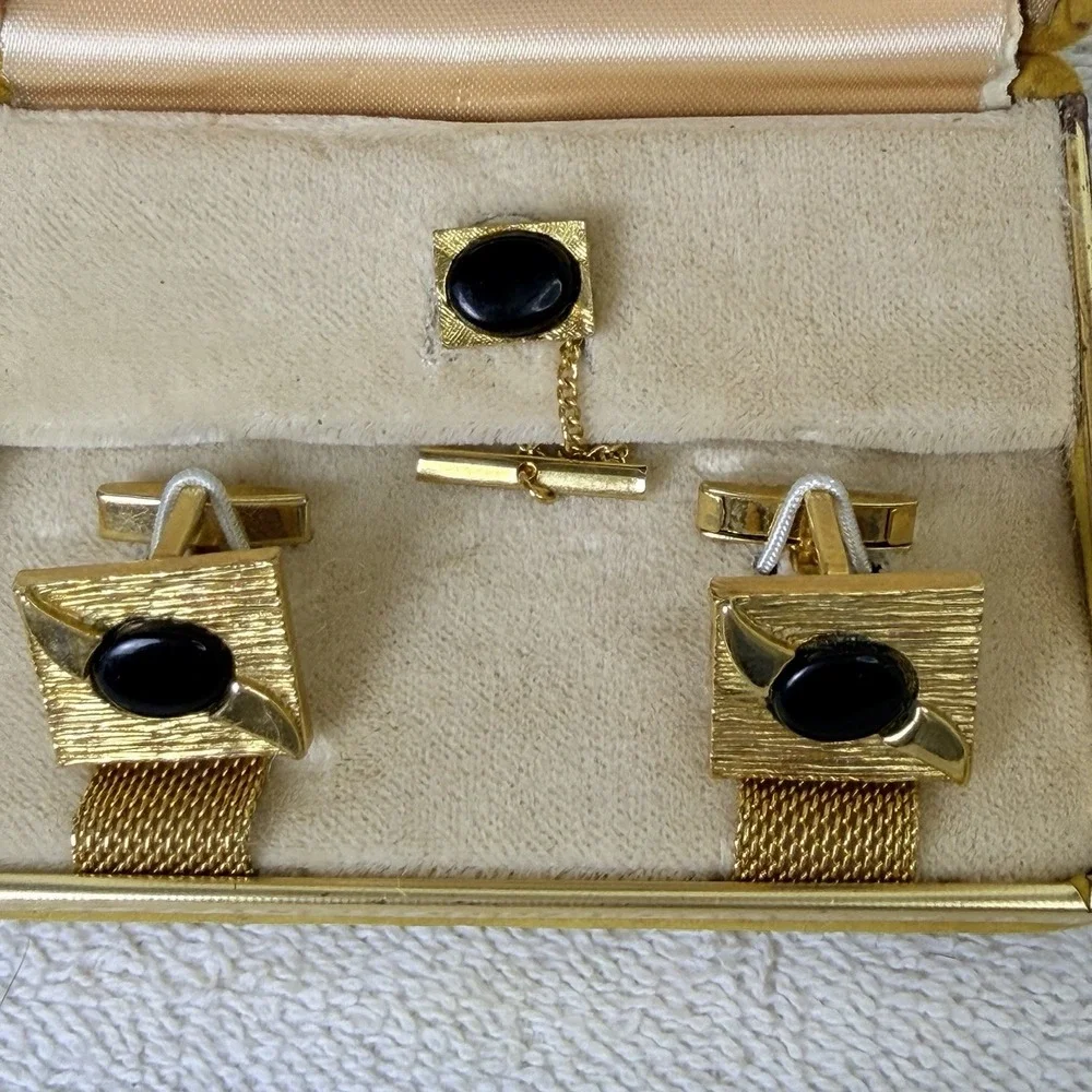 Embassy Men Gold Tone Cufflinks and Tie Tac Set in Original Box Formal Church